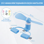 Mini Telefon Fanı - Lightning - Type-C - Micro USB Girişli - Sessiz