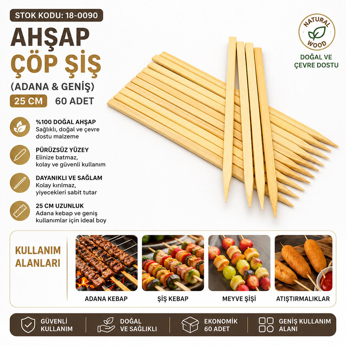 60 Adet Ahşap Geniş Çöp Şiş - Adana Kebap Şişi - 25 cm