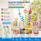 Kıvrımlı Renkli Plastik Pipet - Figürlü Tasarım - 4'lü Paket