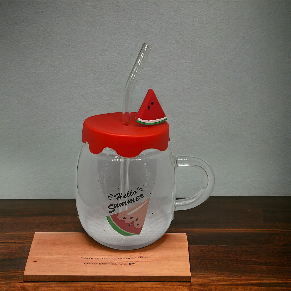 Karpuz Tasarımlı  Cam Kupa Bardak - 450 ml - Silikon Kapaklı - Pipetli