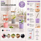 1000 ml Cam Matara Kupa Bardak - Bambu Kapaklı - Silikon Kılıflı - Çelik Pipetli